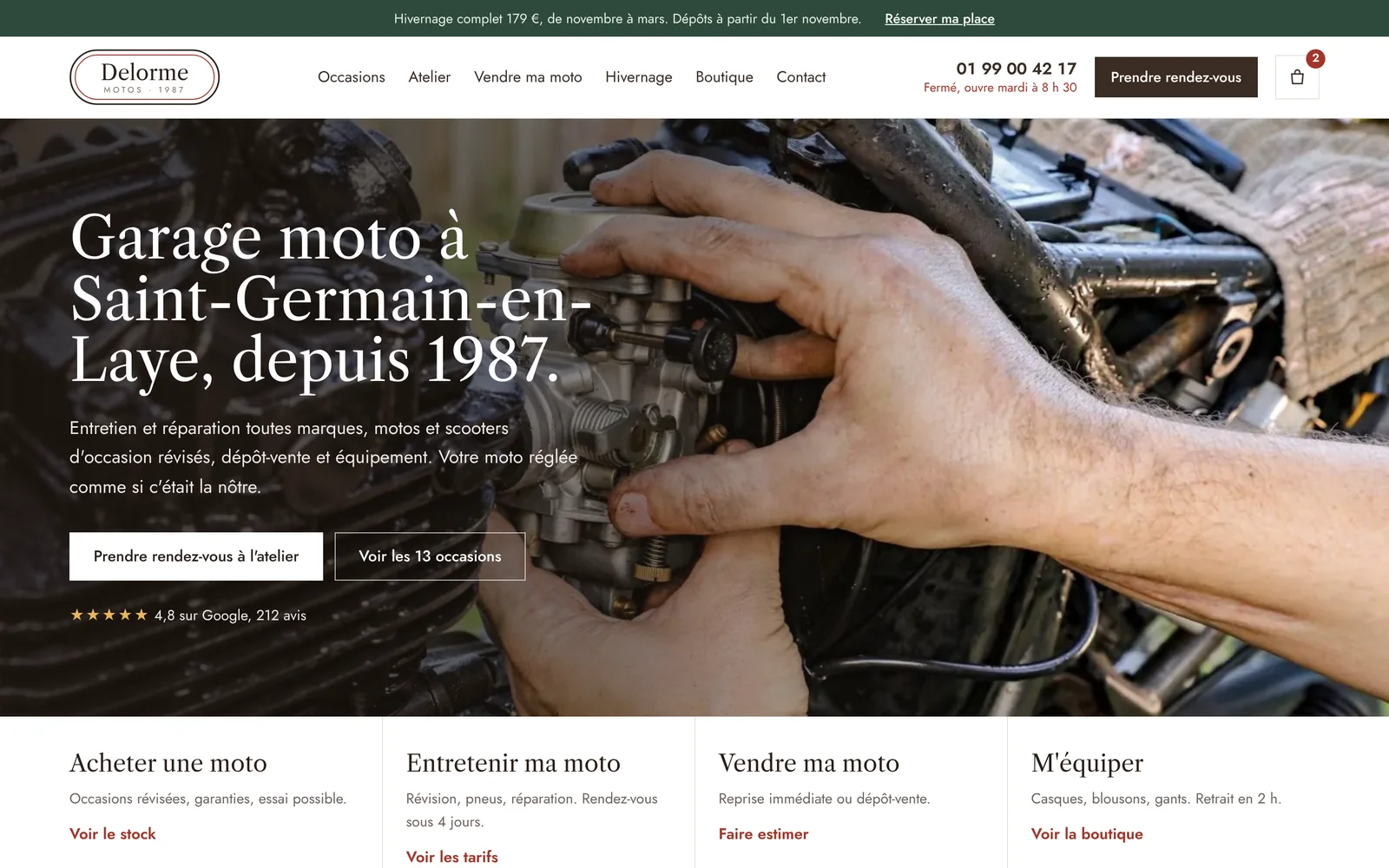 La page d'accueil du site Delorme Motos
